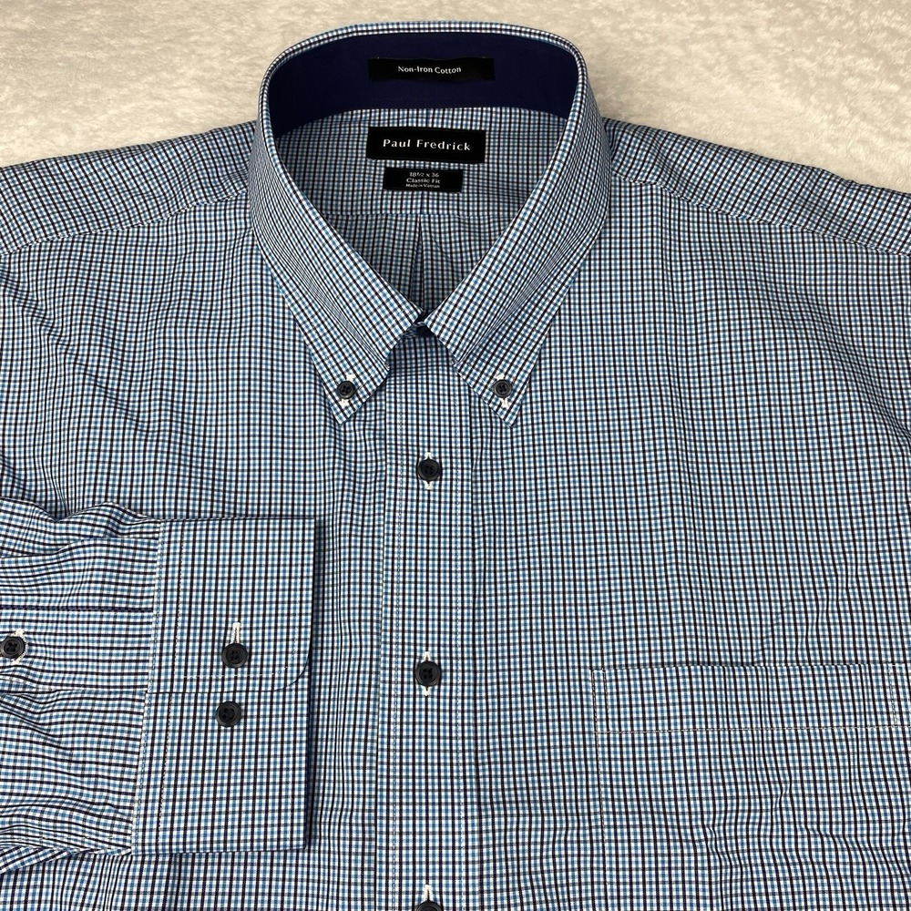 Paul Fredrick Dress Shirt Mens 18.5-36 Blue Checks No Iron New w/Tags!